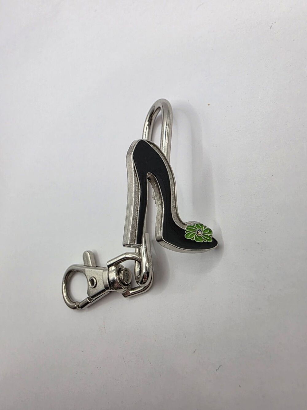 Alexx Purse Hook Keyring Bag Hanger Black w\ Green High Heel Sivertone